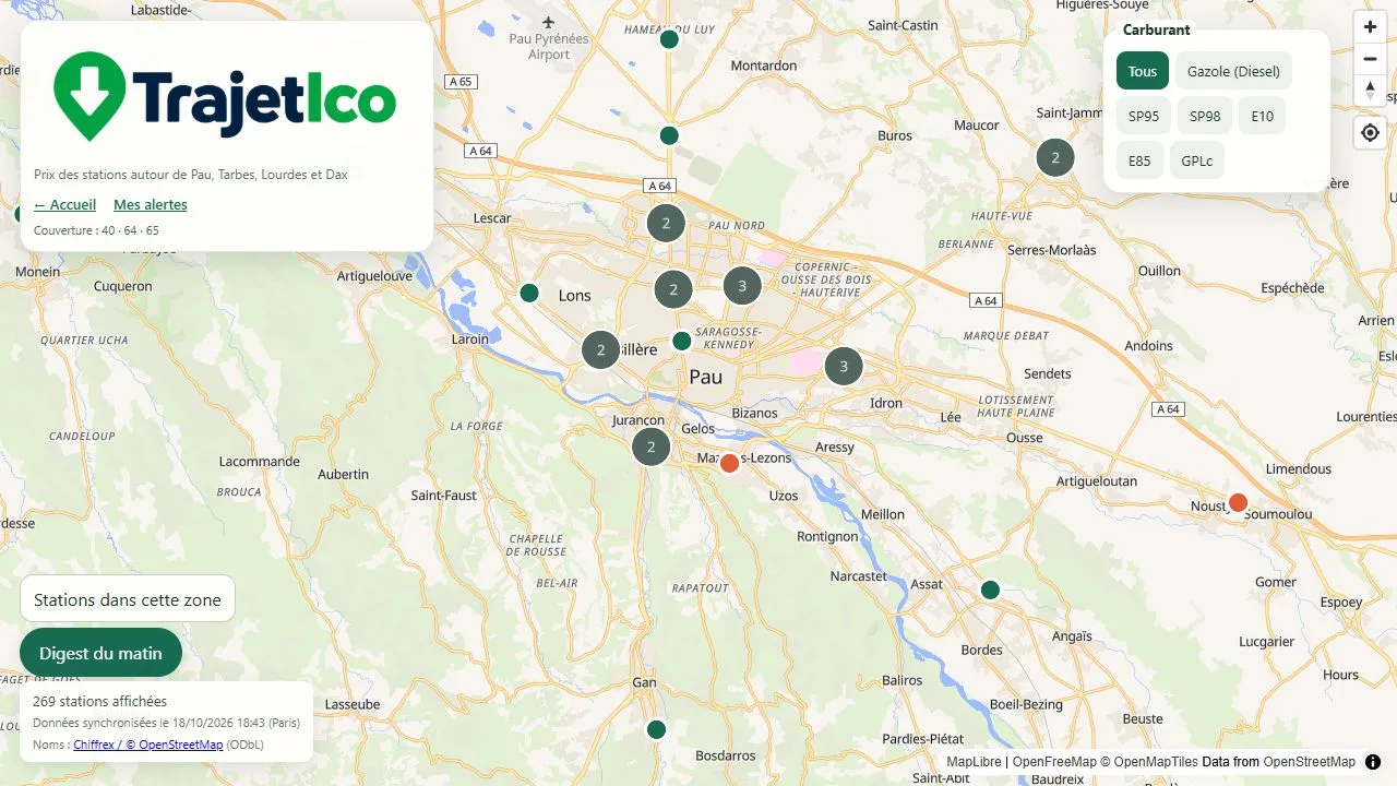 Aperçu de la carte Trajetico autour de Pau, avec les stations regroupées et les filtres de carburant.